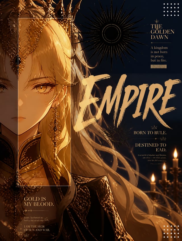 Deep Gold & Midnight NavyRegal anime girl with long flowing golden hair and amber eyes, rich warm go