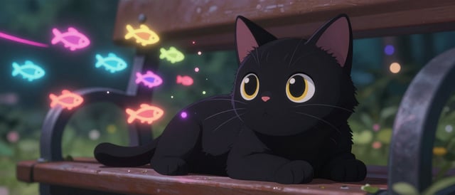 Professional photograph, close-up, highly artistic style, detailed black chibi anime cat lying under