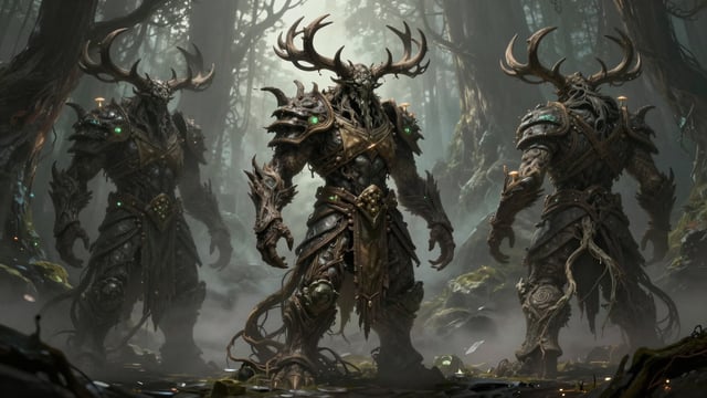 dark fantasy boss character concept, corrupted forest guardian made of twisted roots and stone, huge