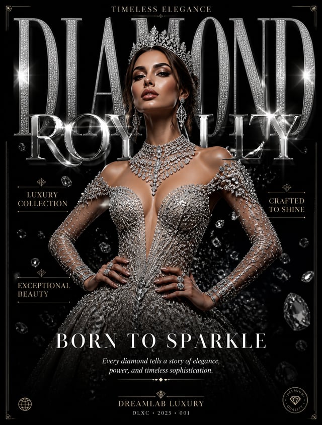 Ultra-luxury fashion editorial poster on a clean black background with subtle diamond dust textures 