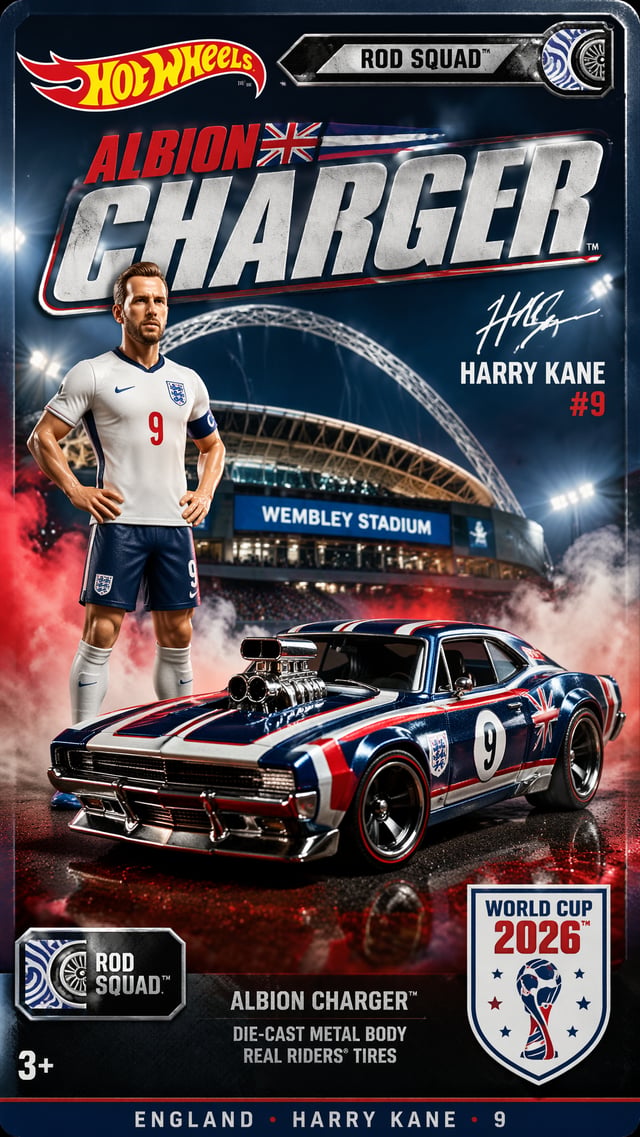 England — Harry Kane — HW Rod Squad Albion Charger “9:16 poster of Hot Wheels Rod Squad ‘Albion Char