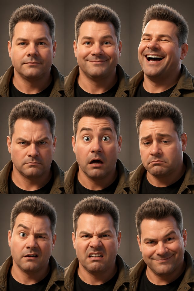 Create a stylized cinematic 3D animated character inspired by the facial features of the person in t