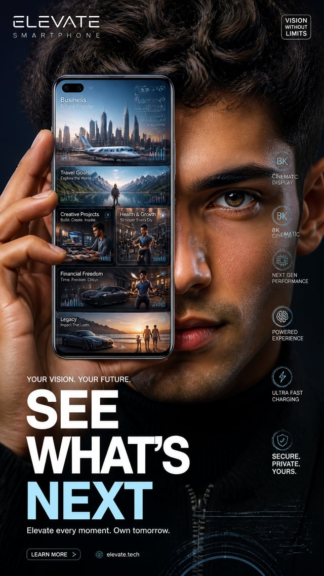 A premium 9:16 smartphone advertising poster.Main Subject:A confident young male model in an extreme