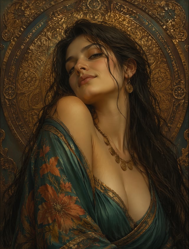 The visual style resembles a classical digital painting influenced by Art Nouveau and Byzantine icon