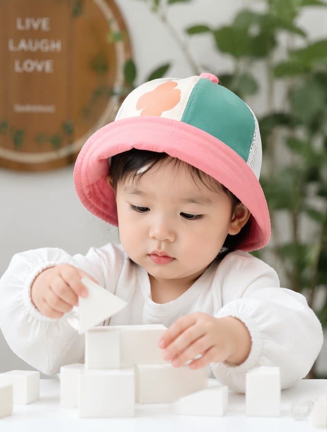 A young toddler with soft, fair skin is captured in a candid, focused moment while interacting with 