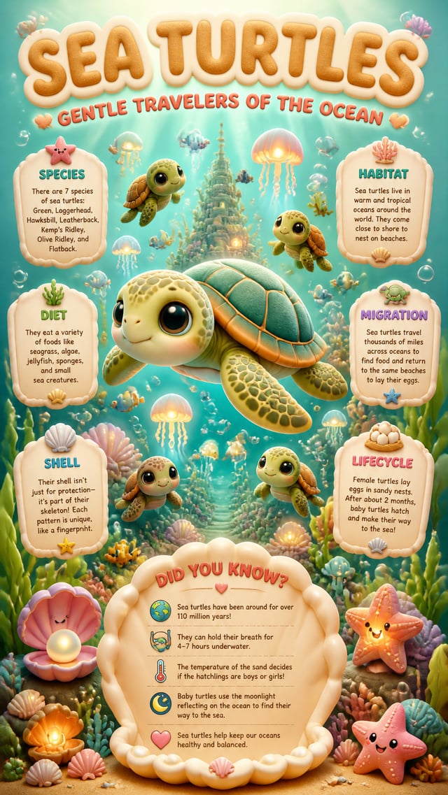 PROMPT:A magical vertical infographic poster in 9:16 format about sea turtles, designed in an ultra 