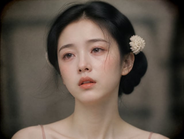 工笔重彩与超写实摄影融合风格，民国舞女肖像。竖幅构图，正面近景人像，人物位于画面中央，占据约四分之三高度，面部集中于画面上半部分。年轻东方女性，瓷白半透明肌肤，肌理细腻通透，仿佛薄胎白瓷，带有真实毛孔