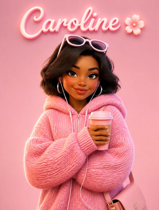 A cute Pixar-style 3D cartoon girl standing against a soft pastel pink background, wearing an oversi