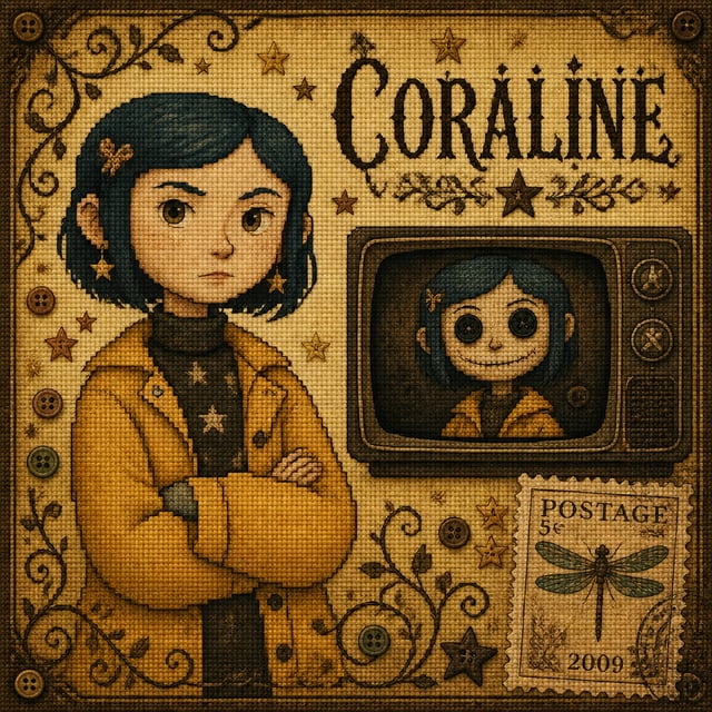 Vintage cross-stitch fan art illustration in scrapbook layout style.CHARACTER: Use my given image, p