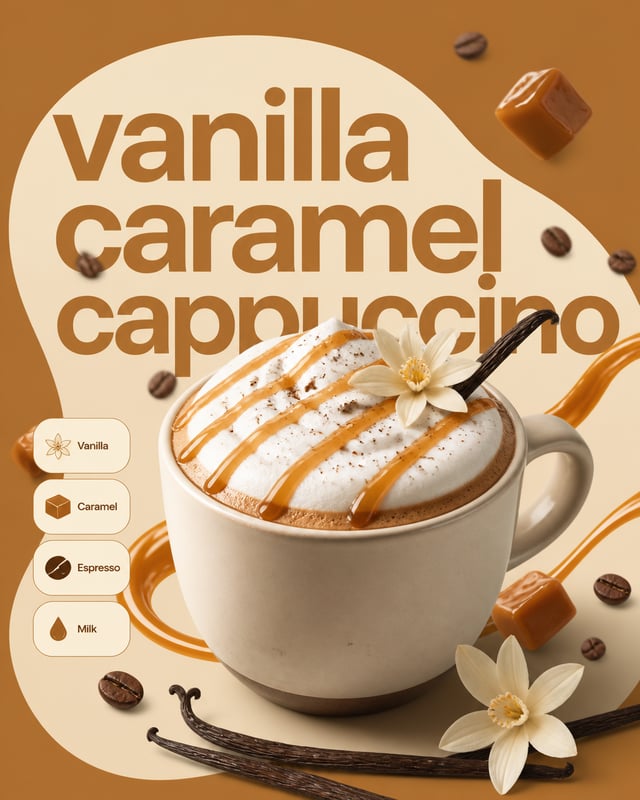 reate a modern minimalist coffee advertisement featuring a hyper-realistic Vanilla Caramel Cappuccin
