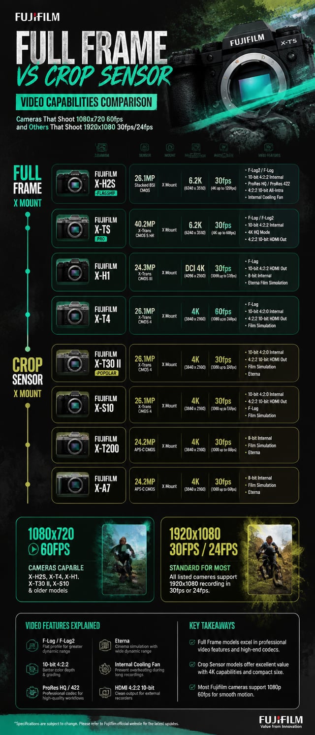 Timeline style Infographic central style listing fujifilm full frame vs cropped frame or mirrorless 
