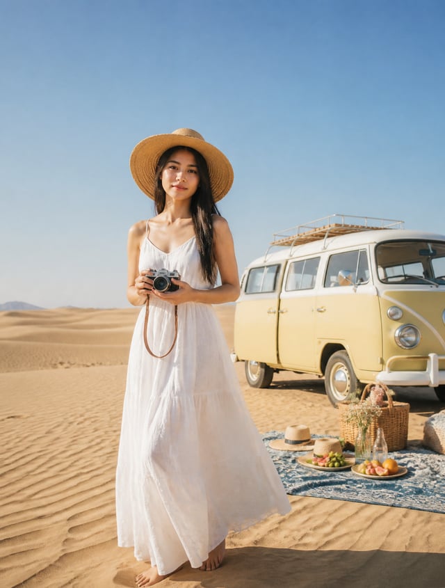 A wide shot of a woman in an airy white linen maxi dress and a wide-brimmed straw hat, standing in a
