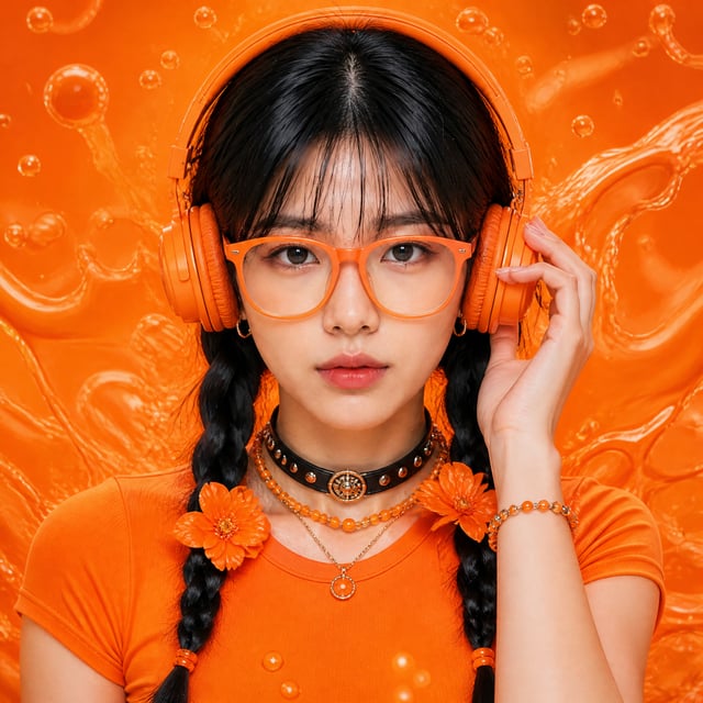 Ultra-realistic close-up fashion portrait of a young Asian woman, centered composition, looking dire