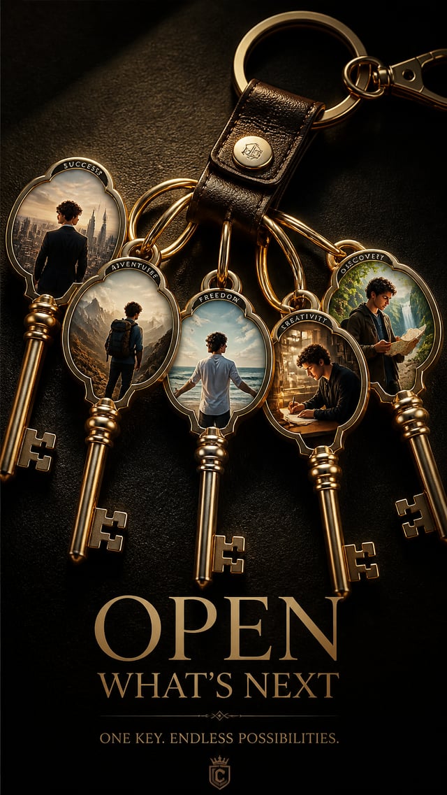 A premium 9:16 keychain advertising poster.Main Subject: