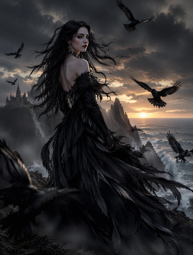 A hauntingly beautiful woman stands on a windswept cliff beneath a stormy twilight sky. Her long dar