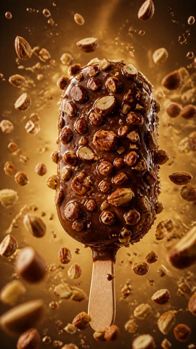 freshly chocolate-coated ice cream bar surrounded by hundreds of roasted almond A pieces flying in s