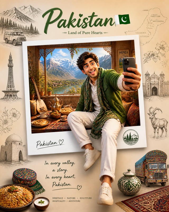 Create a premium collectible travel poster, Theme: Pakistan The man from the attached country-style 