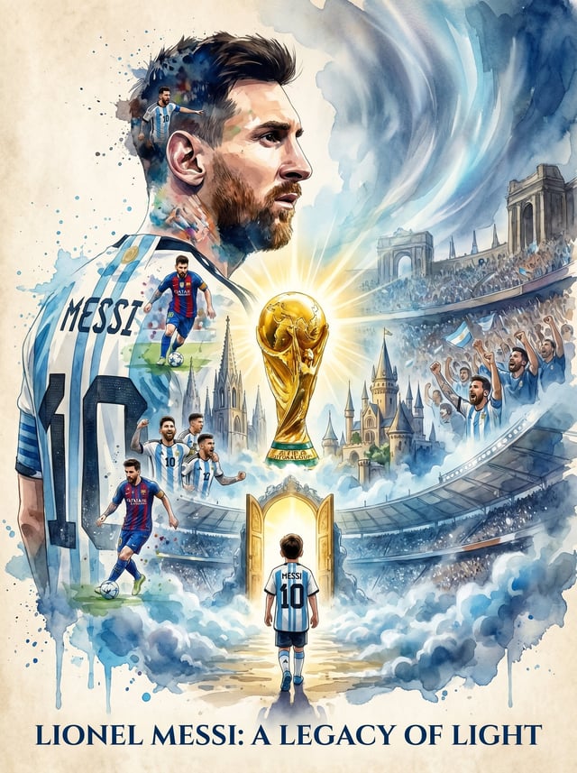 Epic cinematic watercolor poster of Lionel Messi, giant side-profile portrait dominating the left si