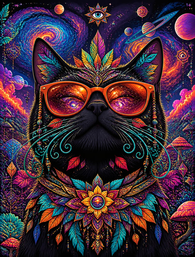 Ultra-detailed psychedelic vector illustration of a majestic black cat viewed from a dramatic low-an