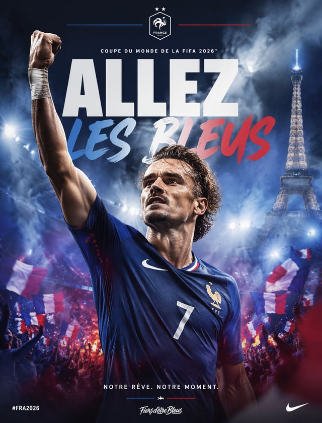 Epic fan poster, France World Cup 2026, midfielder raising fist after decisive play, blue‑white‑red 