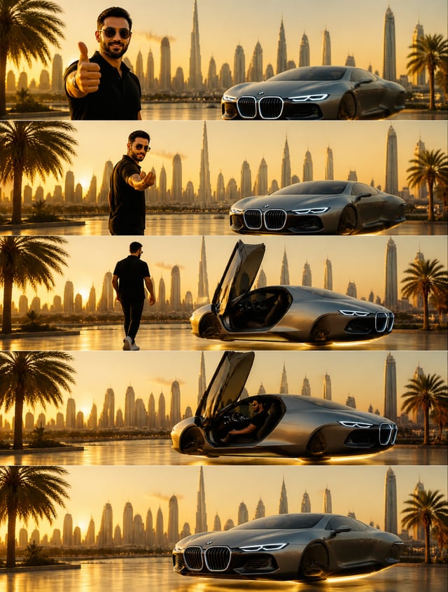 Man gives thumbs up to camera, gestures 'come here', walks confidently to the hovering BMW concept c