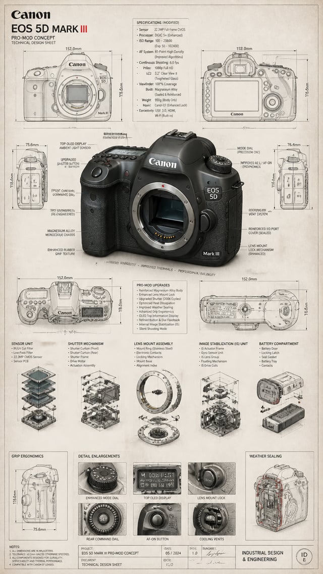 Highly detailed technical blueprint sketch and realistic 3D–render fusion of a custom modified Canon