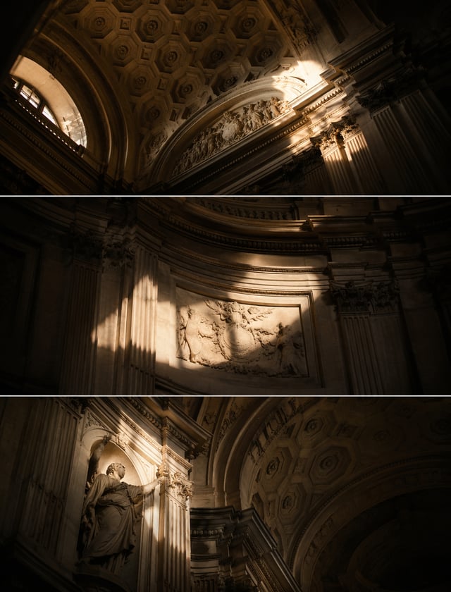 A stunning interior architectural photograph looking up at the curved walls and vaulted ceilings of 