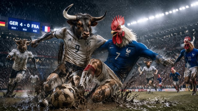 A surreal, high-intensity football match unfolds in a rain-drenched stadium where anthropomorphic bu