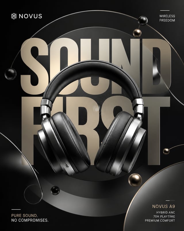 A premium commercial audio-brand advertising poster designed for a modern wireless headphones launch