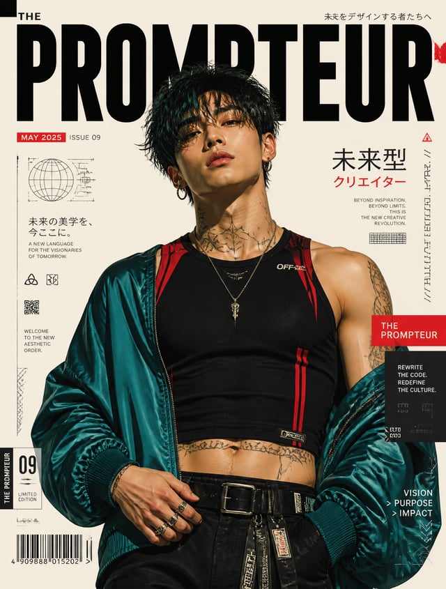 Ultra-detailed anime/editorial magazine cover illustration of a stylish cyberpunk-inspired young wom