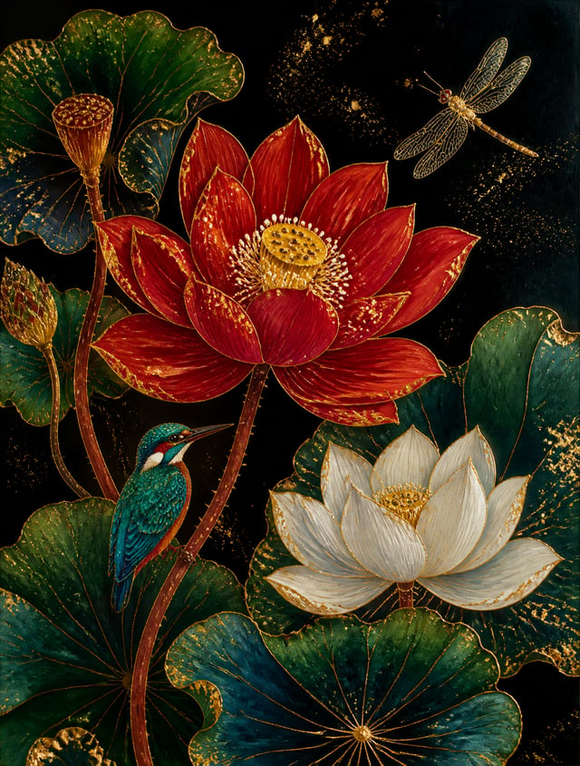 日本琳派风格结合中国宫廷工笔，黑底重彩花鸟画，【背景】纯黑色背景，如漆器底色，深邃无边，【主体荷花】画面中央一朵盛开荷花，花瓣颜色：朱砂红，有天鹅绒般的肌理质感，每片花瓣有细腻纵向脉络，花蕊：金黄色，