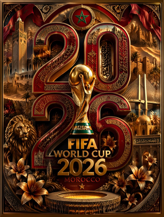 A luxurious, high-resolution 3D poster for the FIFA World Cup Morocco 2026. The design is dominated 