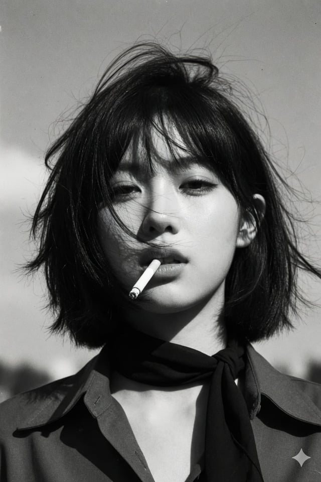 Create a 1970s black-and-white close-up portrait in a windswept outdoor setting, black and white noi