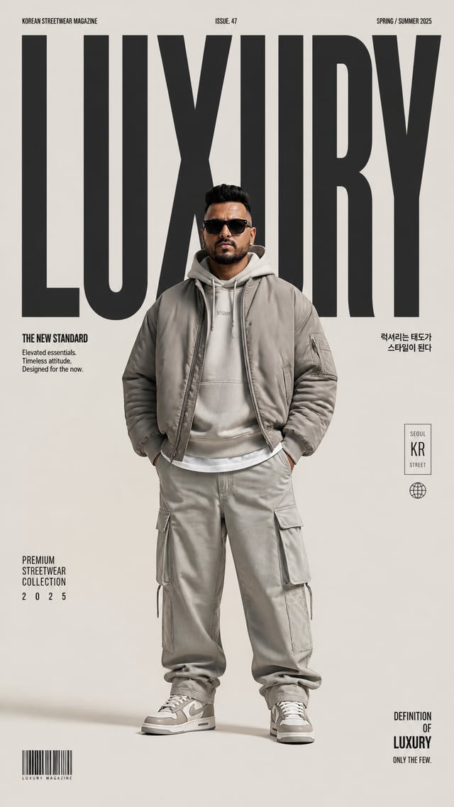 Create a premium high-fashion editorial poster for "LUXURY " in a luxury Korean streetwear magazine 