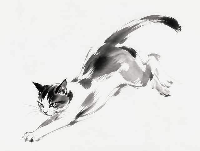 猫，极简东方水墨动态速写，无字