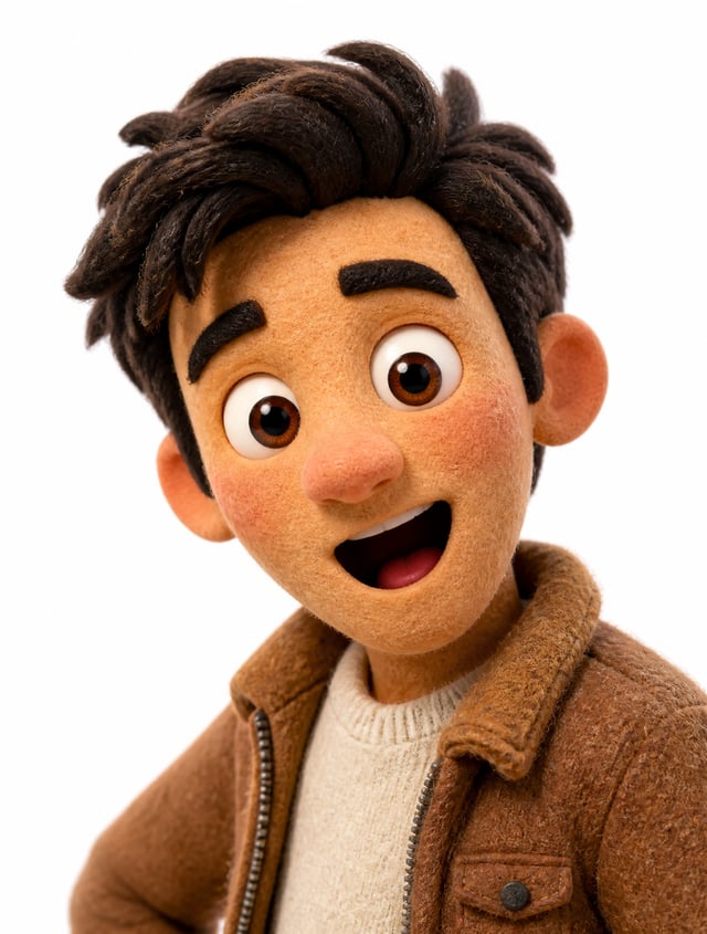 Transform the uploaded image into a stylized 3D realistic claymation character. Soft felt / fuzzy te