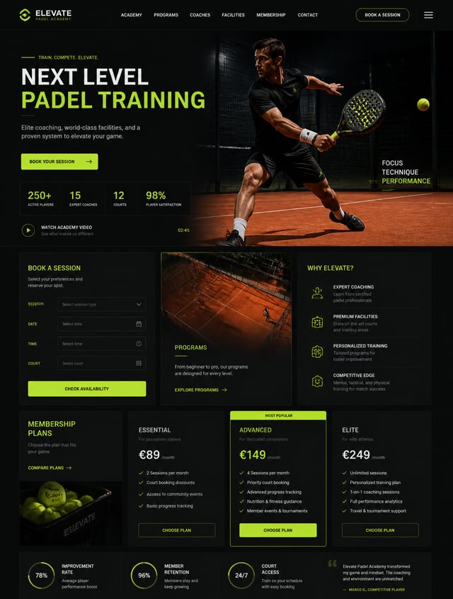 A high-fidelity landing page UI design for a premium padel training academy, characterized by a soph