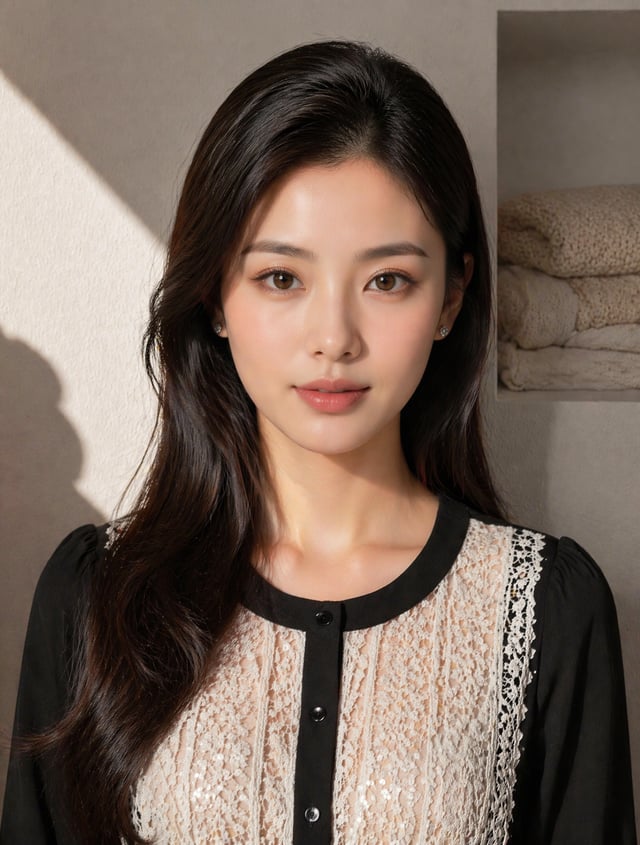 A young woman with long, dark, voluminous hair poses for a centered portrait, her expression neutral