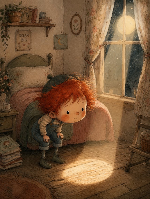 A young boy with wild red hair, freckles, rosy round cheeks, wearing denim overalls and a small cap,