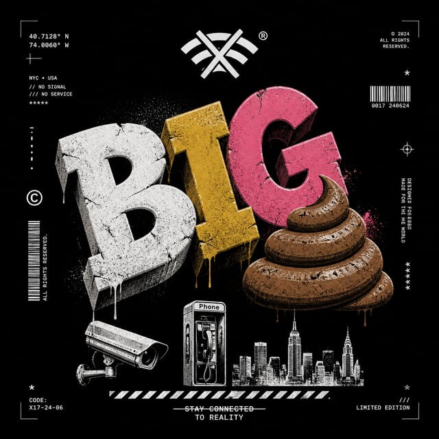 PROMPT:A premium streetwear t-shirt graphic design on a solid pure black background, a bold urban co