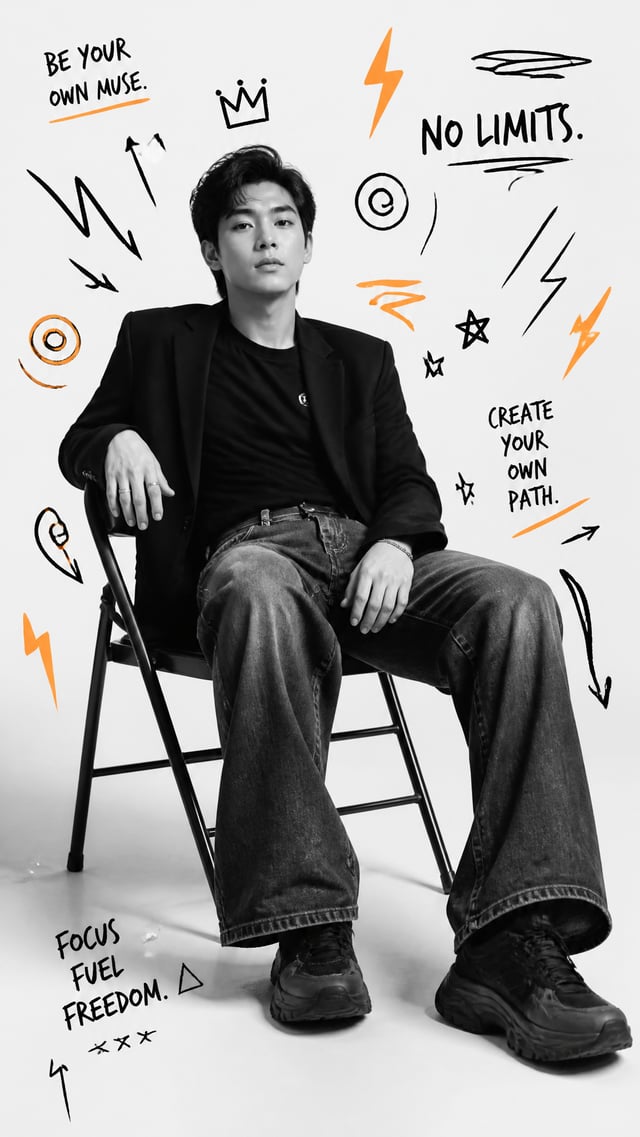 Ultra-realistic BW studio portrait, 8K. Subject sitting on a folding chair, wearing black blazer, bl