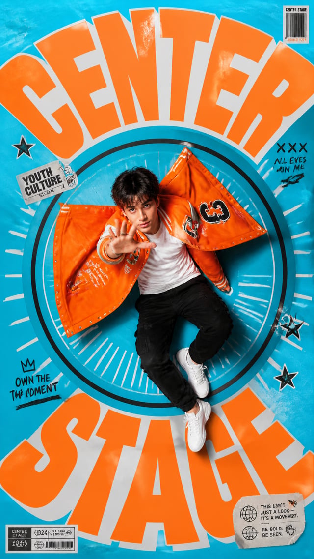 A premium 9:16 youth-culture fashion poster.Main Subject:A young male model lying on a circular plat