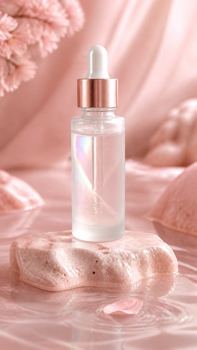Luxury skincare product presentation featuring a translucent frosted glass serum dropper bottle. The