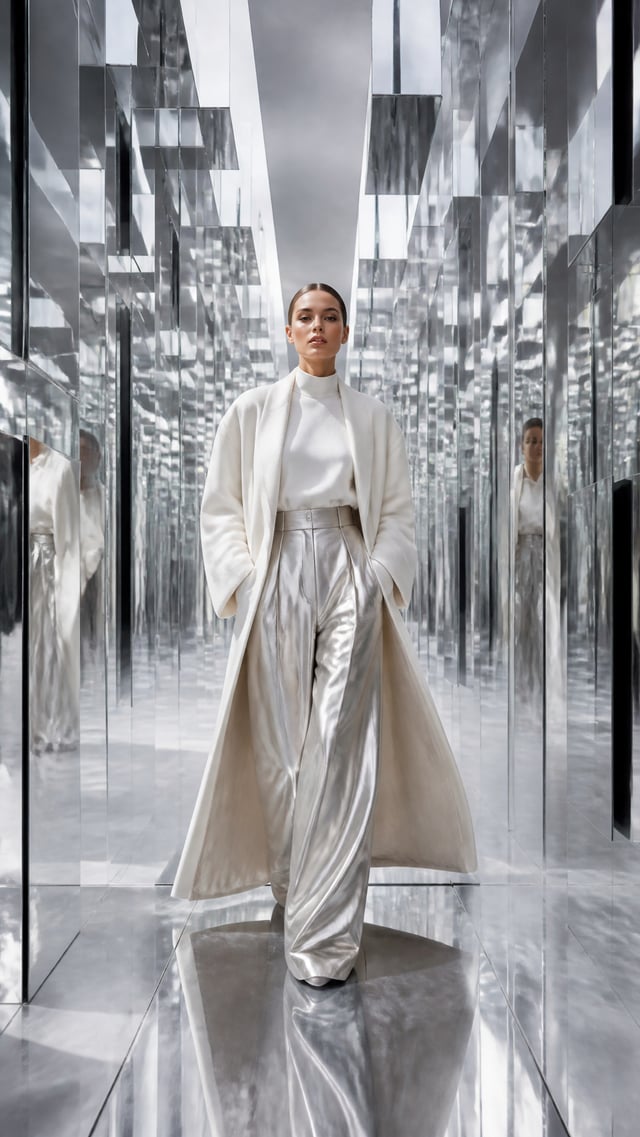Ultra-luxury fashion editorial campaign, vertical 9:16 composition, a confident model walking throug