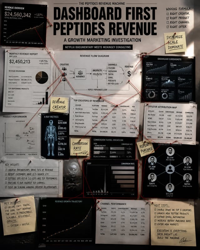 Create a documentary style growth marketing investigation board.Theme:The Peptides Revenue Machine.W