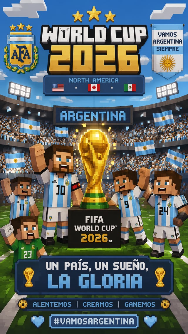Minecraft StyleVertical 9:16 poster of World Cup 2026, Argentina national team in blocky pixel world