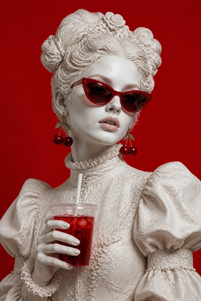 A hyper-realistic digital art portrait of a fashion-forward woman styled like a marble statue. She h
