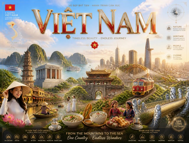 Ultra-premium cinematic 3D travel poster for VIỆT NAM, bright luxury aesthetic, soft sunlight, dream
