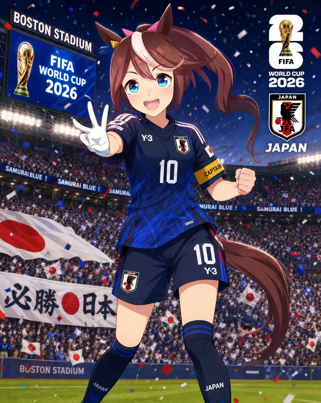 Japanese Uma Musume Tokai Teio come to a stadium to lead Japan team to win a FIFA World Cup 2026. Sh