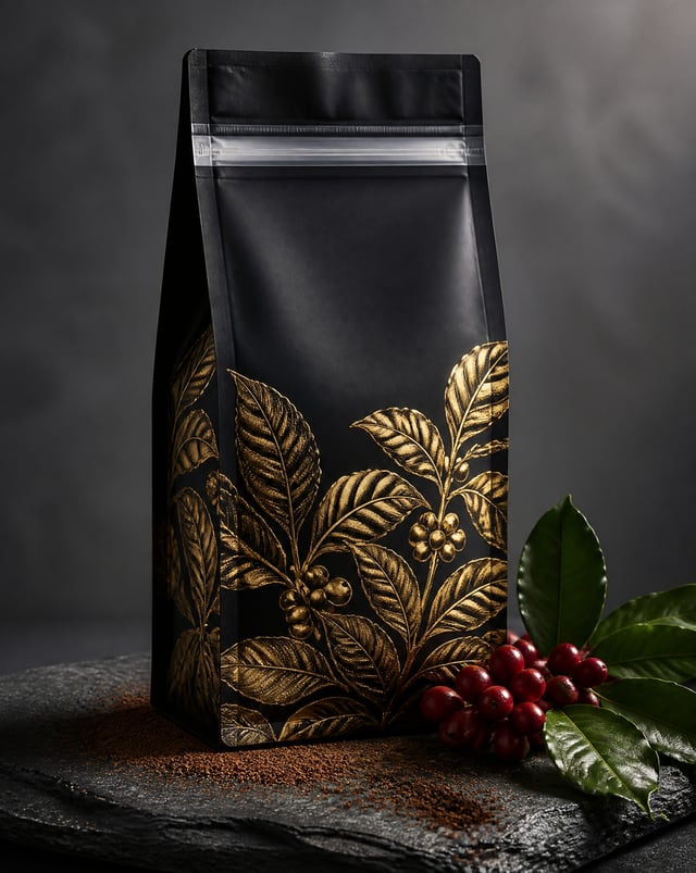 "A photorealistic, cinematic shot of a unique, high-end commercial eight-sided (flat-bottom) coffee 